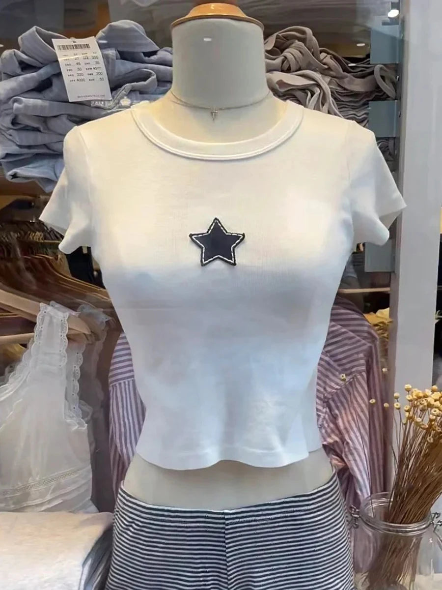 Sweet Star Appliques Slim Crop Top ladies Round Neck Short Sleeve Cotton Cropped T Shirt Summer Cute All-match T-shirts Y2K Tops