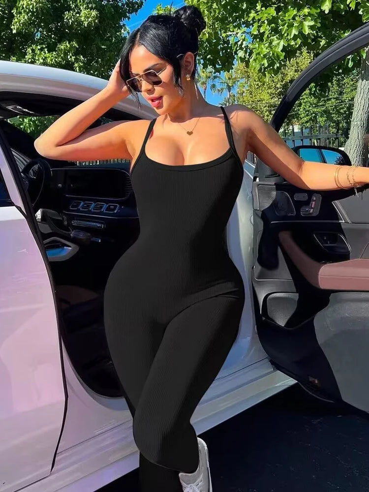 Hugcitar 2024 Fashion Ribbed Solid Slips Backless Sexy Skinny One Piece Jumpsuit Women Y2K Romper Vacation Sport Overalls