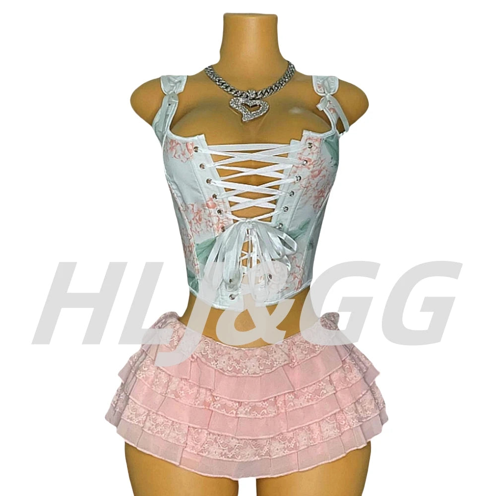 HLJ&GG Y2K Sexy Print Bandage Slim Vest Two Piece Sets Women Sleeveless Backless Crop Top And Ruffle Mini Skirts Outfits Fashion