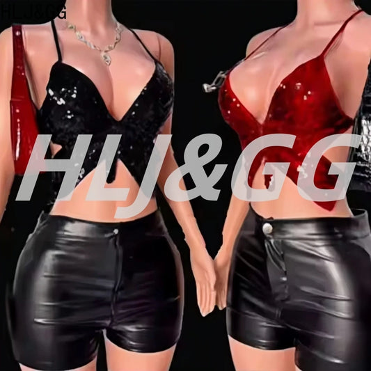 HLJ&GG Sexy Sequin Butterfly Tie Bra Vest Two Piece Sets Women Lace Up Sleeveless Backless Crop Top And Leather Shorts Outfits