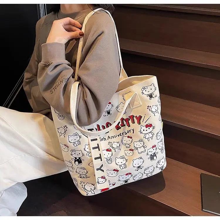 New Model Hello Kitty Cartoon Canvas Bag Cute Commuter Versatile One-Shoulder Tote Bag Large-Capacity Storage Bag