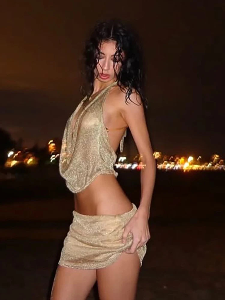 Weird Puss Bright Silk 2 Piece Set Women Lace-Up Halter Low-Neck Mesh Patchwork Crop Tops+Ruched Skirts Midnight Elegant Outfits