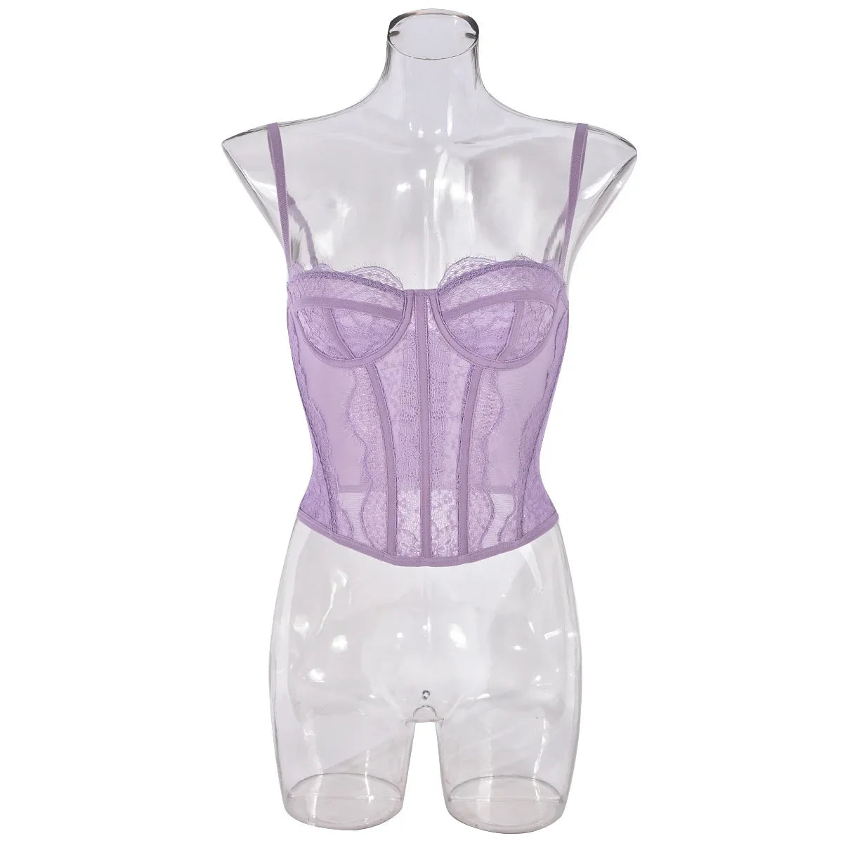 Sexy Lace Mesh Spaghetti Strap Open Back Boned Corset Women Summer Slim Lingerie Bodyshaper Bustier Camisole Halter Vest