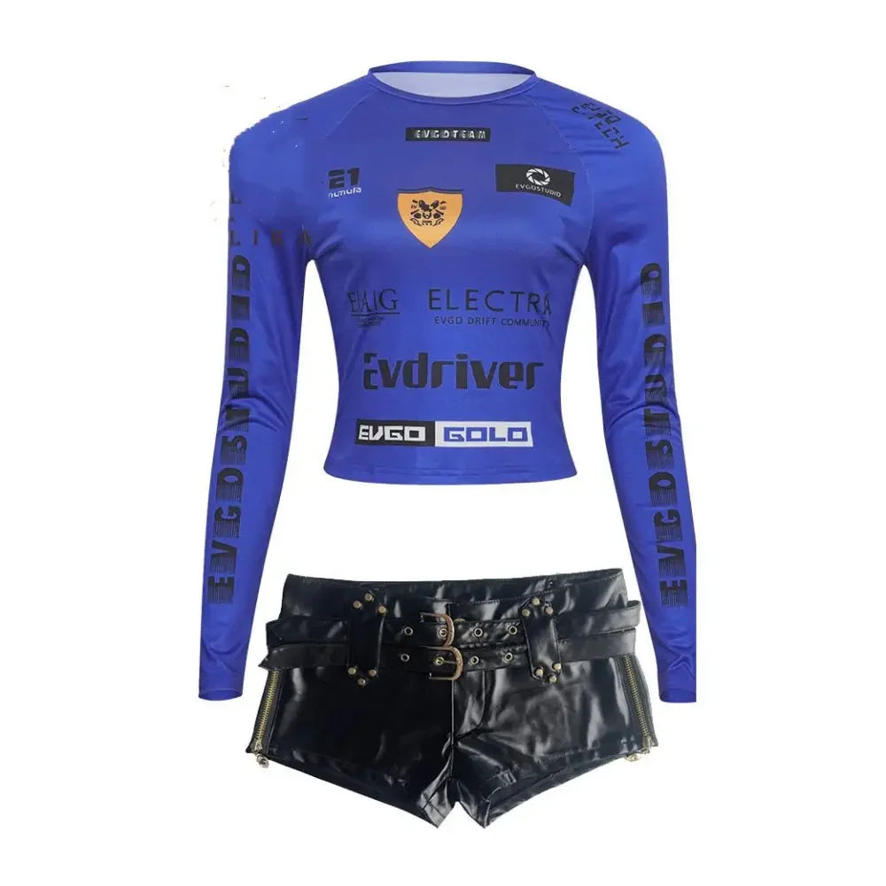 HLJ&GG Y2K Hot Girl Fashion Streetwear Women Letter Print O Neck Long Sleeve Slim Crop Top+Low waist Belt Leather Shorts Outfits