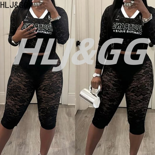 HLJ&GG Summer New Lace Letter Print Two Piece Sets Women V Neck Long Sleeve Top And Mini Skirts Outfits Fashion Streetwear 2025
