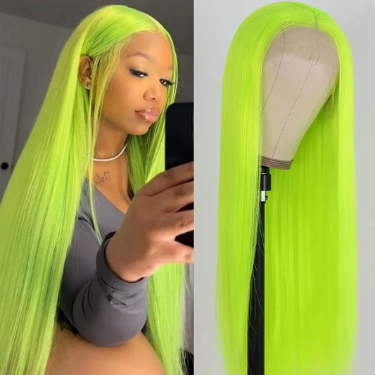 Brazilian 200% Density Straight Fluorescent Green 13x4 Lace Frontal Wig Human Hair Wigs For Women Remy Hair Colored Lace Wigs