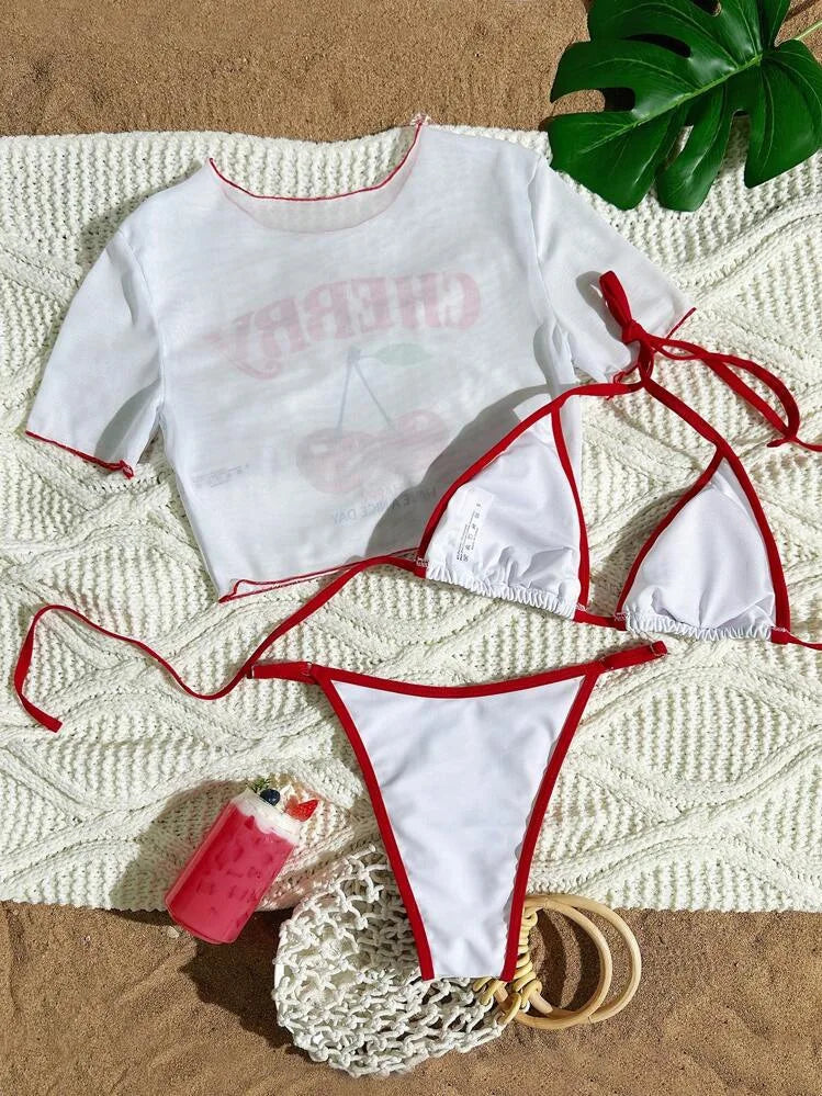 HLJ&GG Sexy Cherry Printed See Though 3 Piece Bikini Swimsuit Women Round Neck Short Sleeve Top Outfit Summer New 3pcs Beachwear