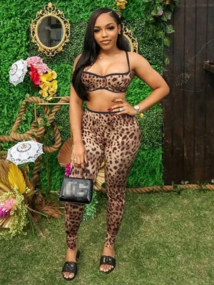 STYLISH LADY Leopard Printed Slim 2 Piece Set Women Spaghetti Strap Crop Top and Skinny Pant Suits 2025 Summer Nightclub Outfits