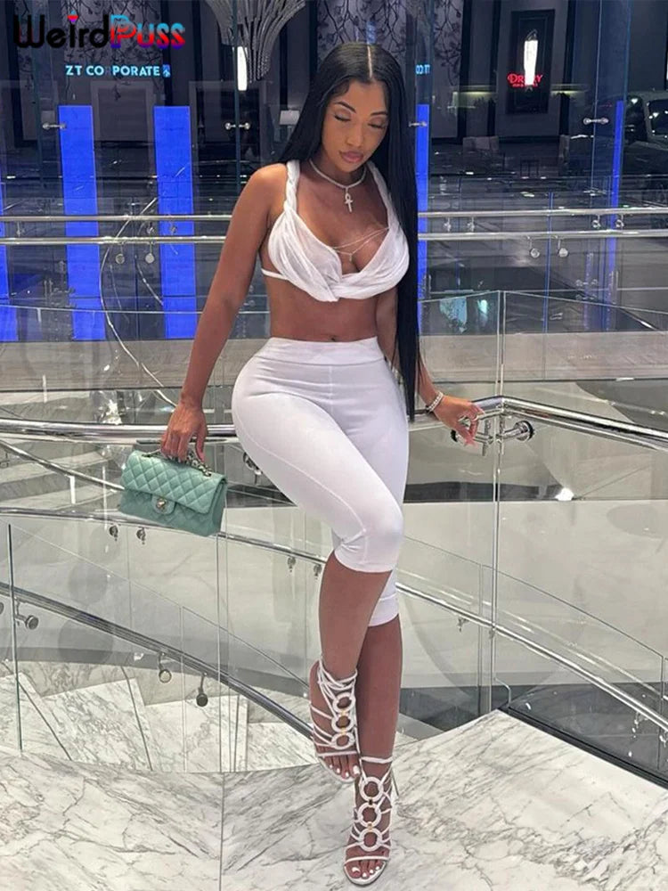 Weird Puss Sexy Women 2 Piece Set Summer Trend Mesh Thin Whip Halter Tank Tops+Wide Waist Shorts Matching Street Club Outfits