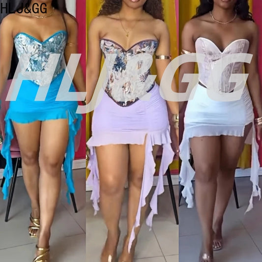 HLJ&GG Sexy Oil Print Style Retro Corset Two Piece Sets Women Off Shoulder Slim Crop Top And Ruffle Irregular Mini Skirt Outfits