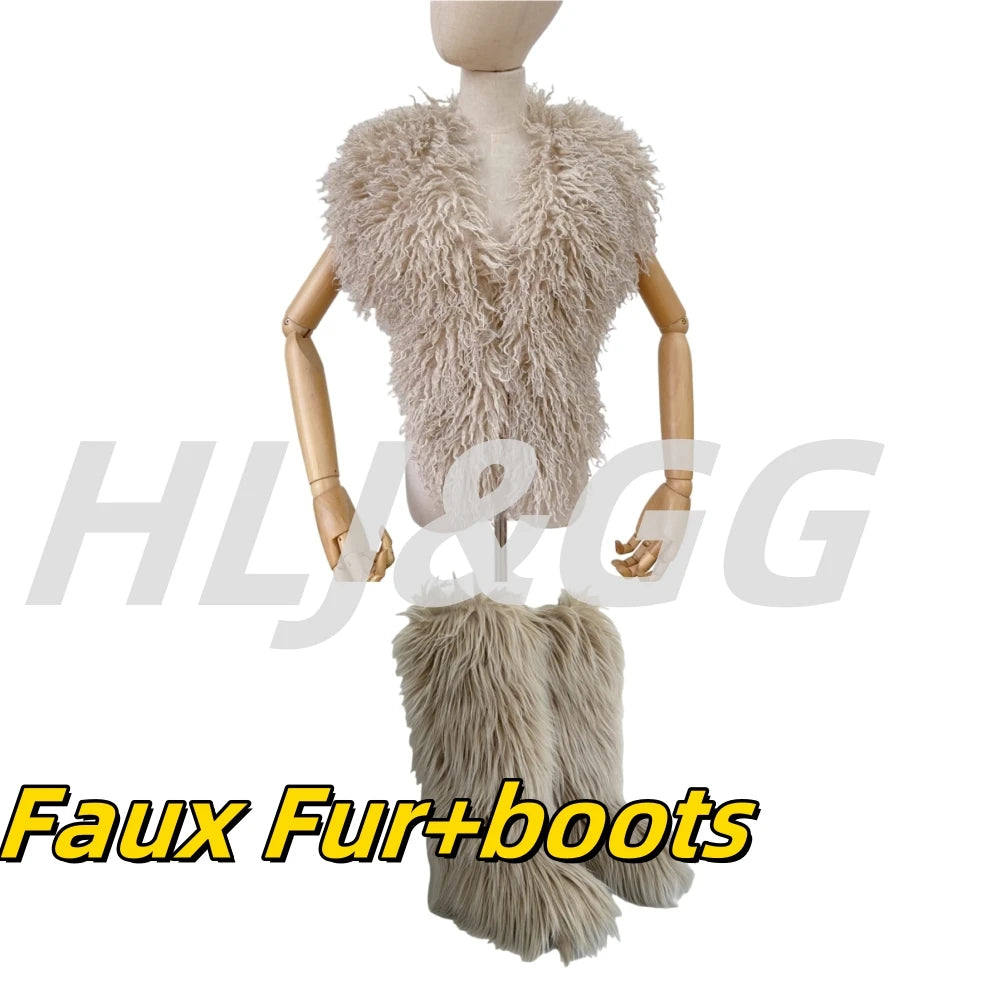 HLJ&GG Trend Y2K Two Piece Sets Women Fur Feather Halter Waistcoat Fashion Backless Lace Up Legs Cover Streetwear Clothing 2025