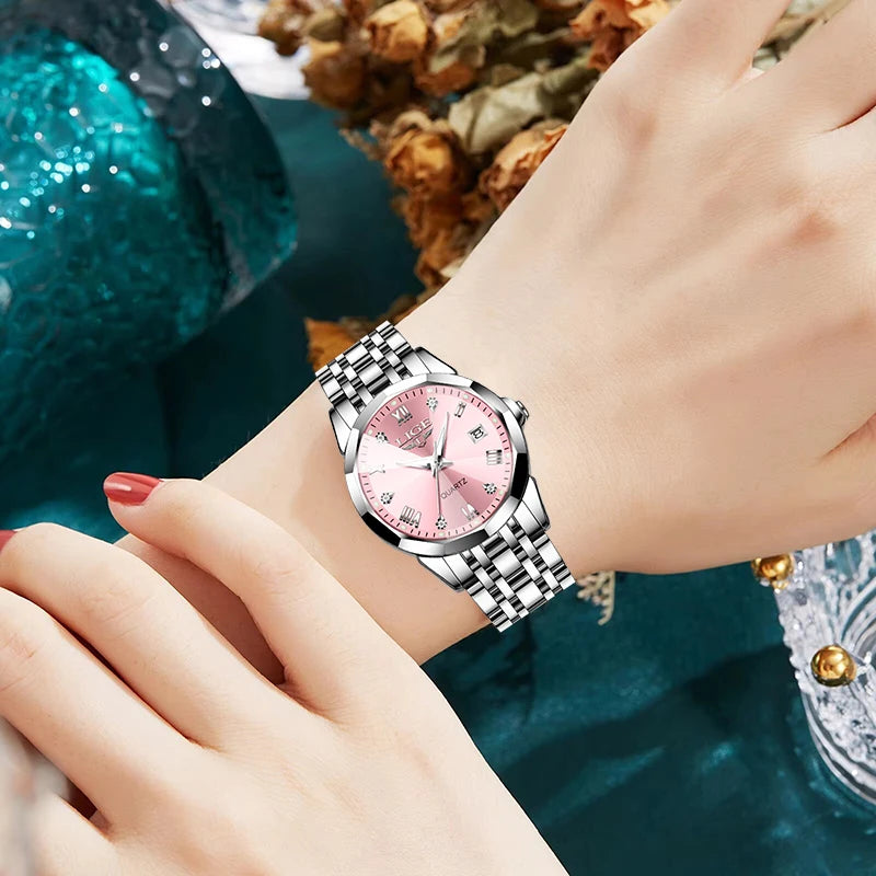 LIGE Elegant Ultrathin Nordic Simple Style Quartz Movement ladies Wristwatch Fashion Stainless Steel Bracelet Belt Watch