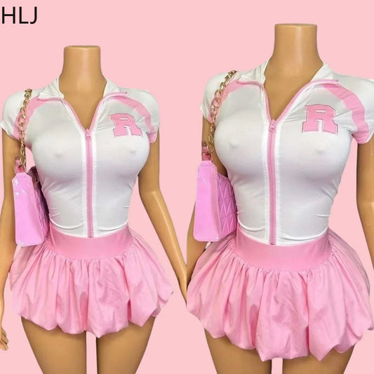 HLJ&GG Fashion Letter Embroidery Two Piece Sets For Women Zipper Short Sleeve Slim Top And Puffy Mini Skirts Outfits Streetwear