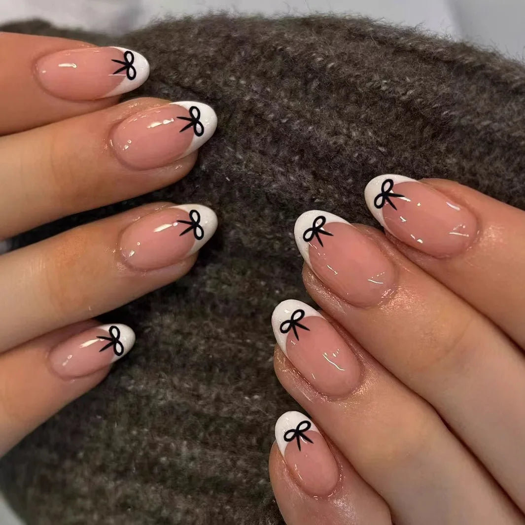 White French Press on Nails 3D Bowknot Fake Nails Tips Full Cover Wearable False Nails for Women and Girls DIY 24Pcs
