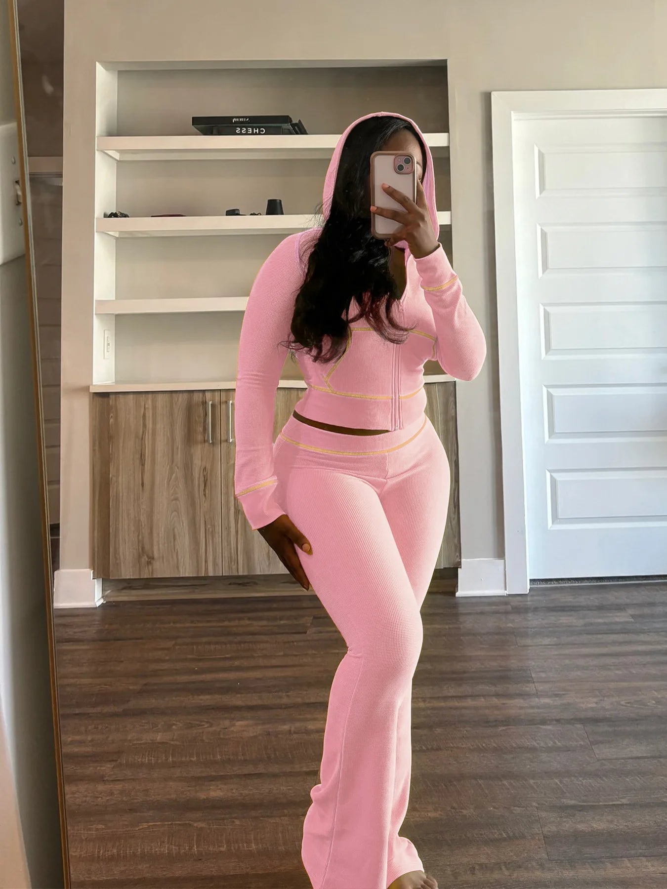 HLJ&GG Spring New Waffle Flare Pants Two Piece Sets Women Zip Hooded Long Sleeve Top + Pants Outfits Casual Sporty 2pcs Clothing