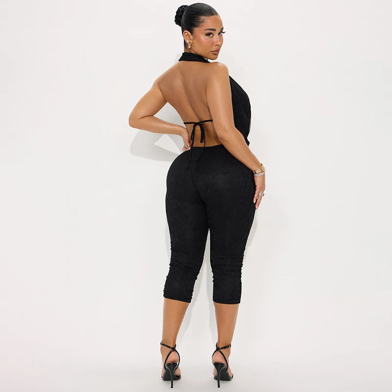 CUTENOVA Women'S Sexy Solid Color Lace Patchwork Swing Collar Hanging Neck Big Backless Skinny Jumpsuit Summer Elegant Jumpsuit
