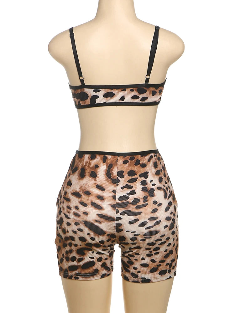 Weird Puss Tracksuit Women 2Piece Set Leopard Print Sexy Sporty Low-Neck Tank Tops+Bike Shorts Stretch Tight Matching Streetwear