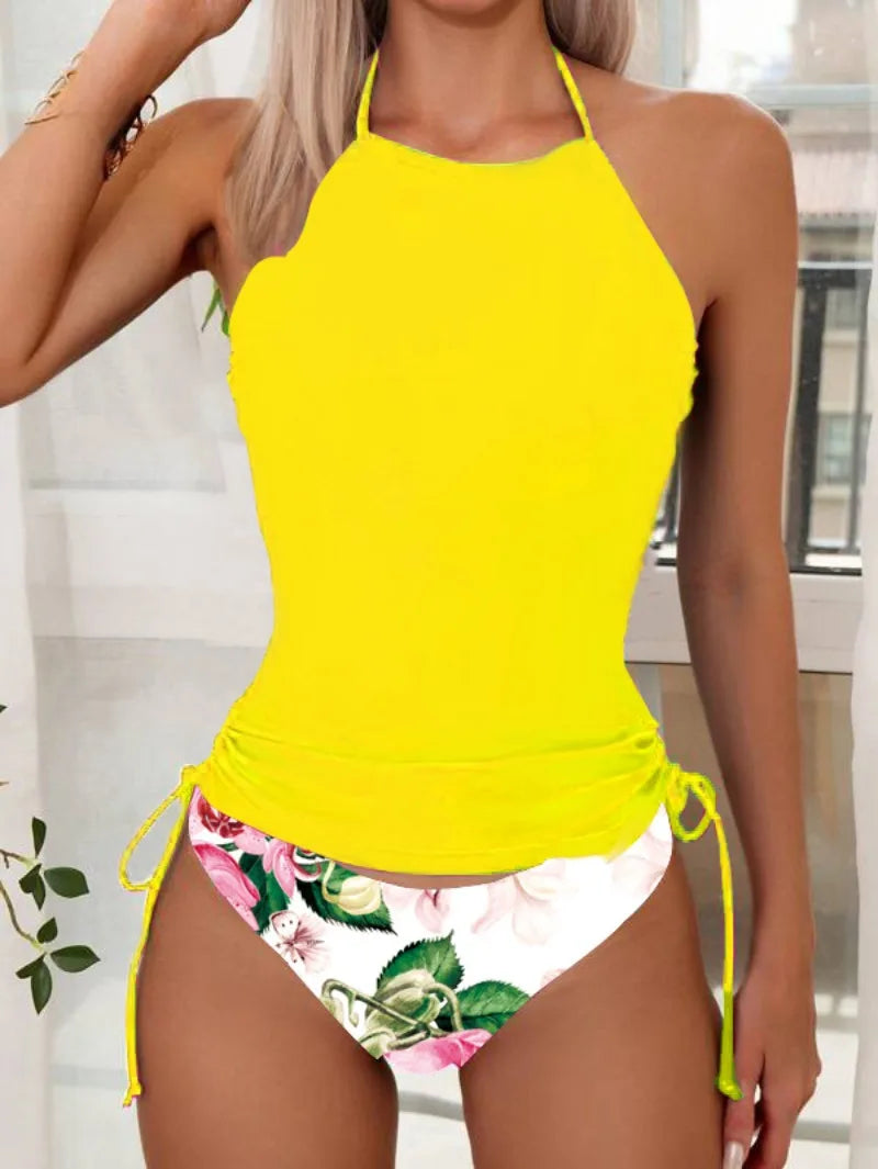Fashion Halter Swimsuit Women Backless Bathing Suit Bikini Sets Vintage Beach Swimwear Summer Split Swimming Suits Biquini