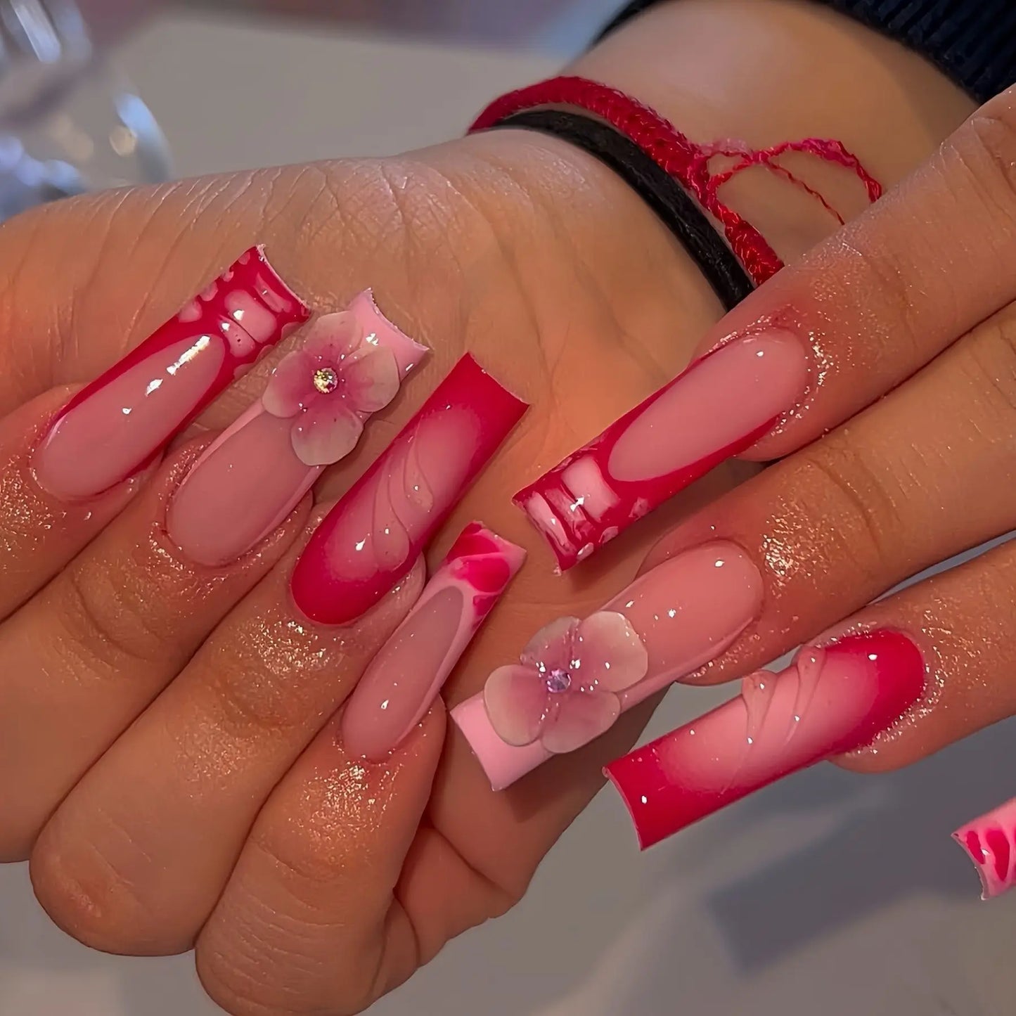 24pcs Long Ballet French Press on Nails with Cute Pink Bow Shiny Diamond Decor False Nail Tips Wearable Sweet Korean Fake Nails