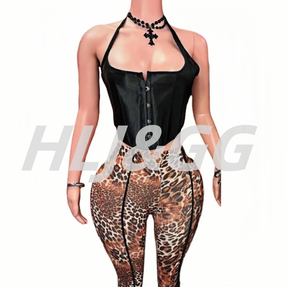 HLJ&GG Black Sexy Bandage Corse Two Piece Sets Women Sleeveless Backless Slim Top And Leopard Shorts Outfits Fashion Streetwear