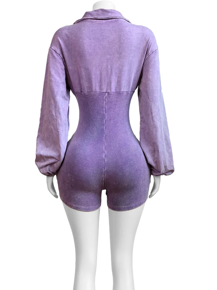 Kricesseen Casual Washed Ribbed Cargo Rompers Night Club Outfits Fashion Fashion Long Sleeve Knitted Jumpsuits Night Clubwear