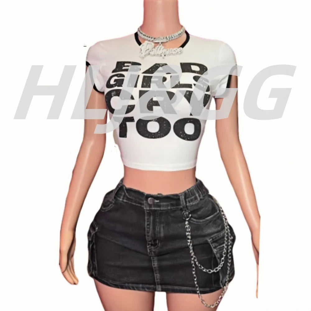 HLJ&GG Y2K Trendy Retro Print Tshirts Two Piece Sets Women Round Neck Sleeveless Top And Sequin Leopard Shorts Outfit Streetwear