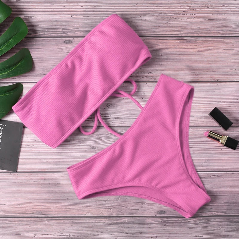 2024 New Bikini High Waist Strapless Sexy Bikini Women Swimwear Women Fashion Swimsuit Padded Bathing Suit Monokin Pure Color