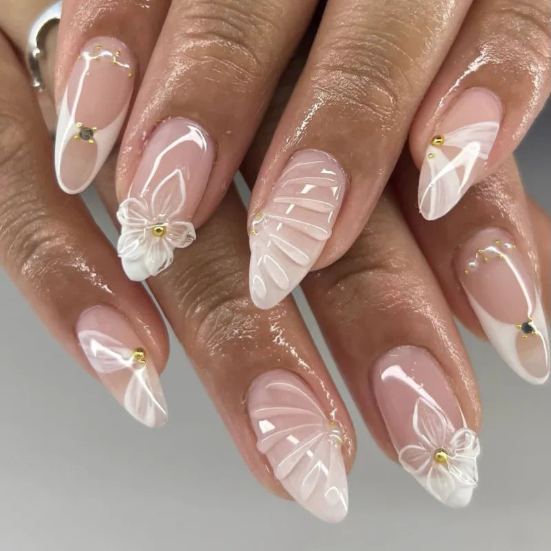 24pcs Flower Pattern Fake Nail Korean Sweet Pink Almond False Nail Tips for Lady Girl Wearable Detachable Simple Press on Nails