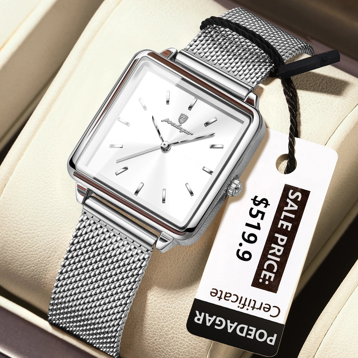 POEDAGAR Fashion Ladies Watch Waterproof Square Elegant Watch, Mesh Stainless Steel Quartz, lady's Watches, Reloj