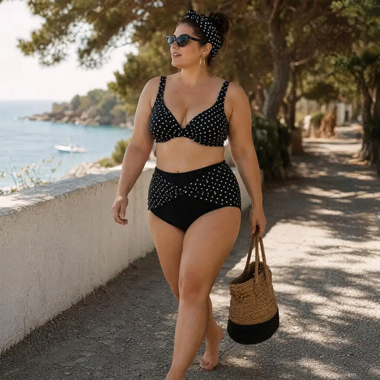 Tummy Control Swimsuit Plus Size Bikini Set Cross-chest V-neck Bra with Built-in Support High-waisted Twist Swim Bottoms Retro