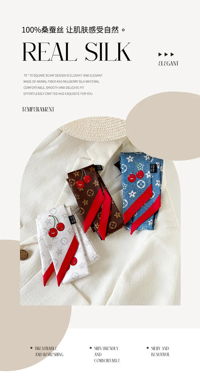Vintage New Silk Scarf Hair Strap Women's Cherry Printed Mulberry Silk Scarf Long Strip Silk Scarf Float Accessories Scarf
