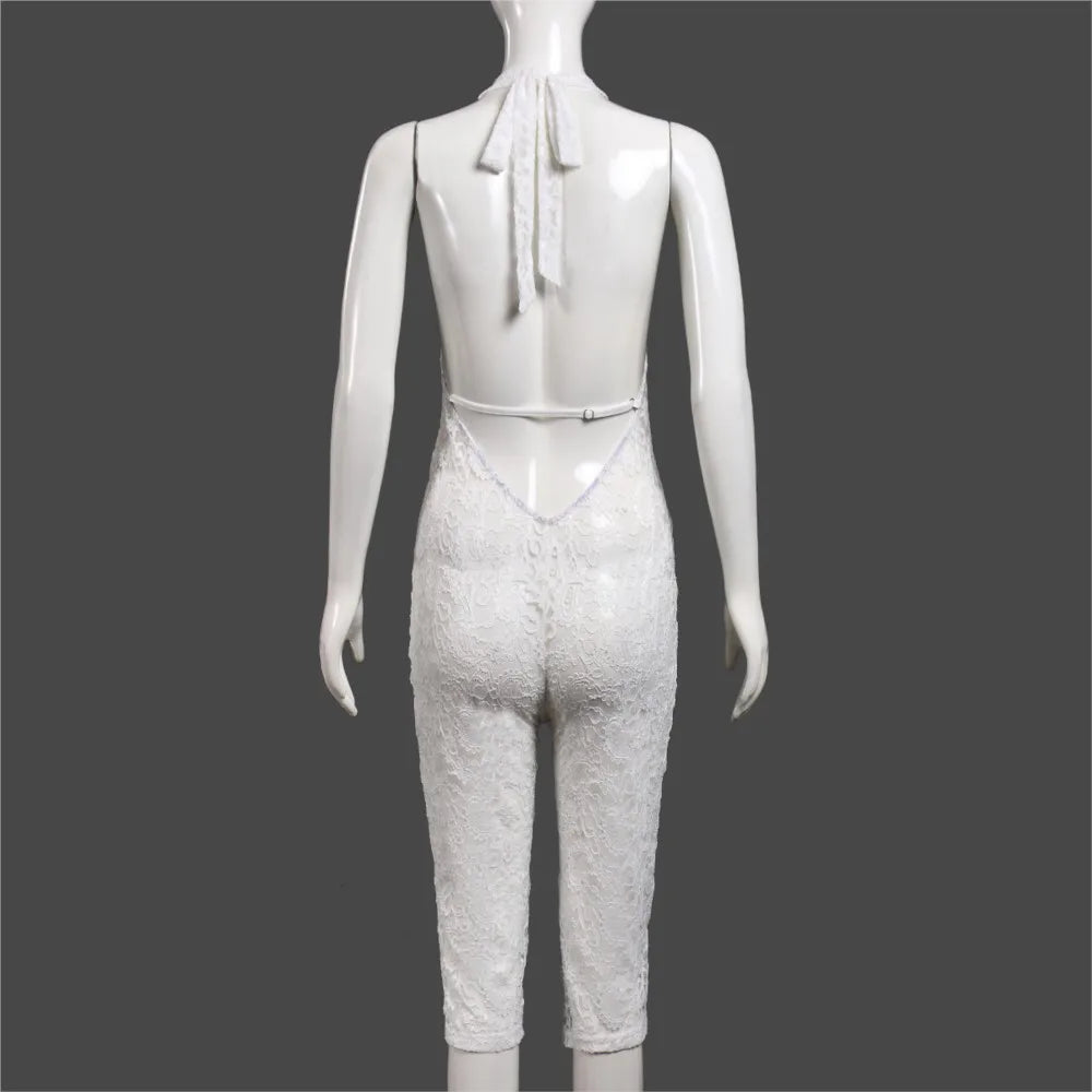 Fashionable Lace Jumpsuit Summer Slim Fit Women's Sexy Deep V Backless Straps Sleeveless Halterneck Jumpsuit Комбинезон Женский