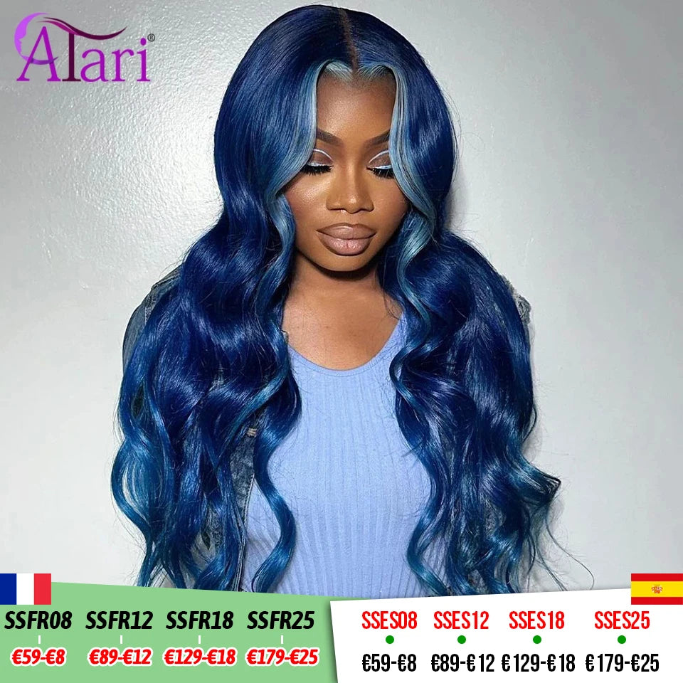 Blue Transparent 13x6 Lace Frontal Human Hair Wigs Brazilian Highlights Body Wave 13x4 Lace Front Wig Pre Pluck 5x5 Closure Wig