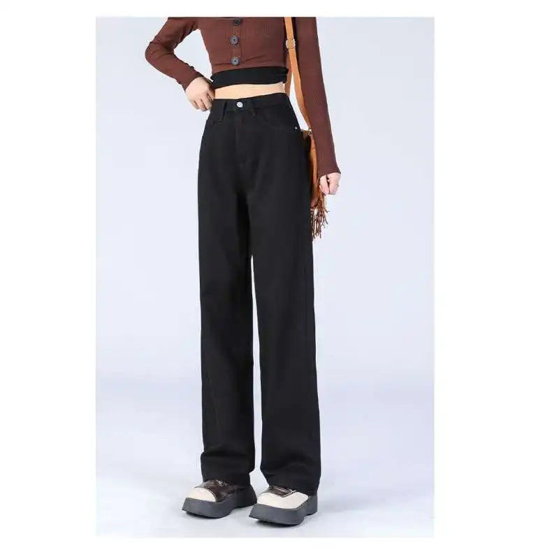 Ladies Vintage Wide Leg Jeans Girls High Waist Pants Female Fashion Black Black Grey Retro Blue Light Blue Pink Trousers