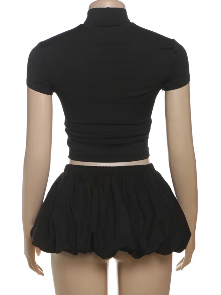 Weird Puss Casual 2 Piece Set Women Letter Print Shorts Sleeve Crop Tops+Puffy Skirt Simple Basic Matching Streetwear Outfits