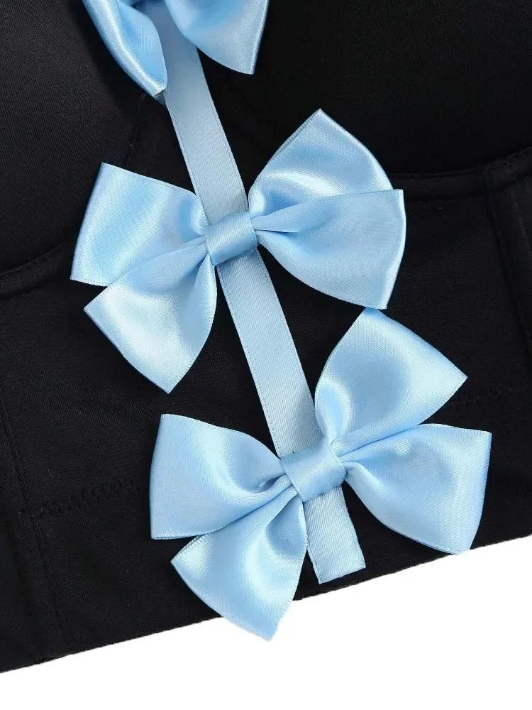 HLJ&GG Sweet Bow Fashion Corset Vest Two Piece Sets Women Thin Strap Slim Tank Top + Puffy Mini Skirts Outfits Female Streetwear