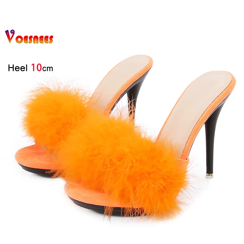 10CM Thin High Heel Designer Plus Size Summer Slippers For Ladies 2025 New Furry Slip-on Women's Shoes Pink Fur Slides Sandals