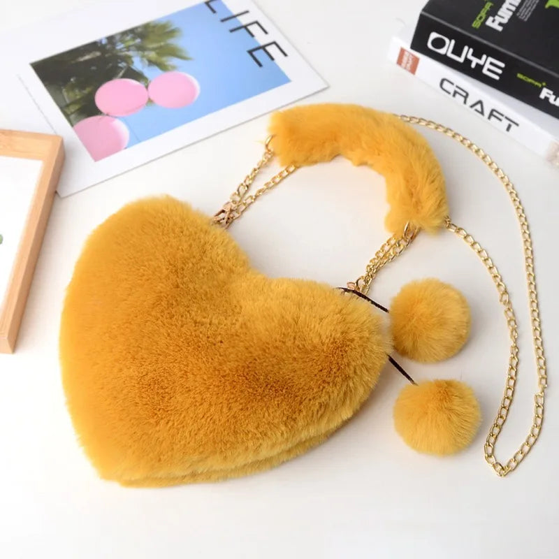 Luxury Faux Fur Heart-shaped Women Small Handbags Fluffy Plush Ladies Chain Shoulder Bag Fashion Female Furry Daily Clutch Purse
