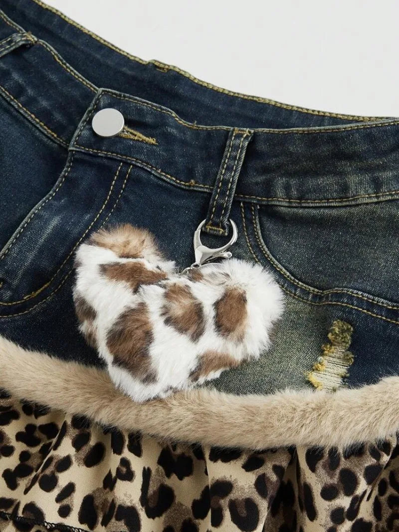 Harajuku Subculture jeans Leopard Print Splicing Y2k Skirt Kawaii Gothic Mini Pleated Skirt Casual Retro Streetwear Skirts Women