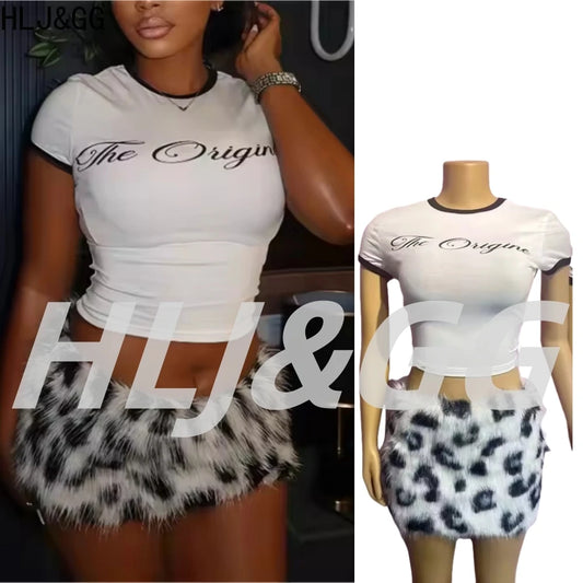 HLJ&GG Summer New Y2K Letter Print Two Piece Sets Women O Neck Short Sleeve Slim Crop Top And Fur Mini Skirts Outfits Streetwear