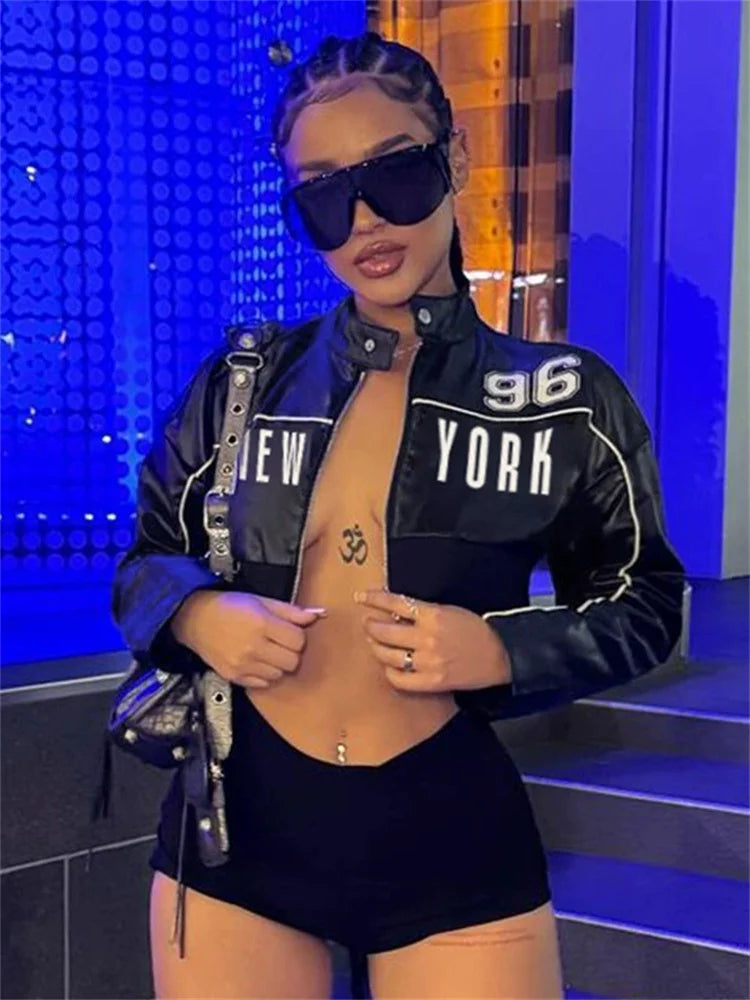 Weird Puss PU Patchwork Women Jacket Letter Print Hipster Button Zip Full Sleeve Trend Cool Street Spring Outwear Crop Coat