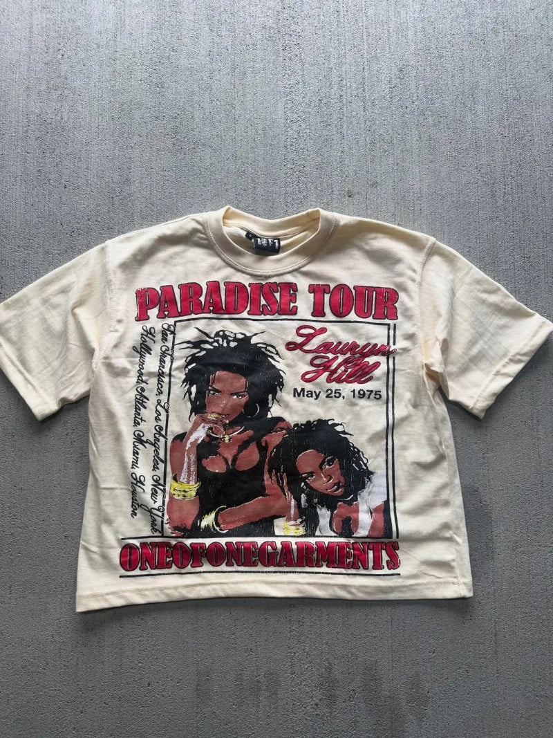 Summer Hip-hop Retro Trendy Oversized Cotton Round Neck T-shirt Men Y2K 2025 Casual Harajuku Rock Graphics Top Streetwear Women