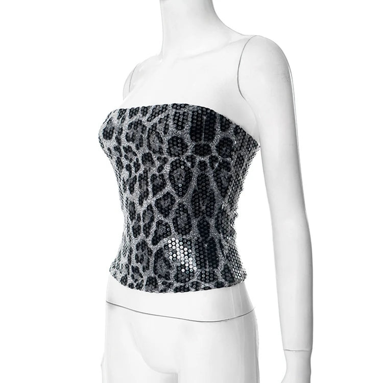 STYLISH LADY Sparkly Sequined Leopard Printed Crop Top 2025 Summer Women Strapless Zipper Slim Sexy Club Party Street Tops Tees