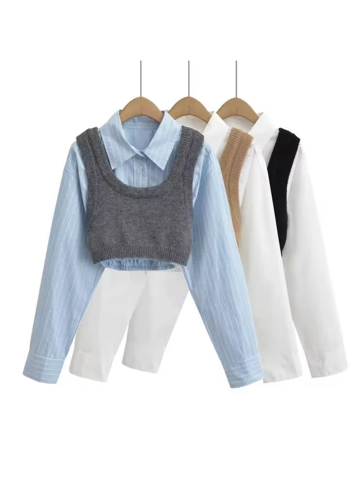 Weird Puss Lapel Single Breasted Vest Shirt Women 2024 Trend Knitted 2 Piece Set Matching Wild Hipster Streetwear Summer Tops
