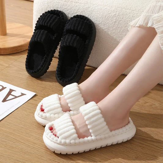 Double Straps Plush Platform Slippers Women Solid Color Non Slip Comfy Cotton Shoes Woman Fashion Corduroy Indoor House Slippers