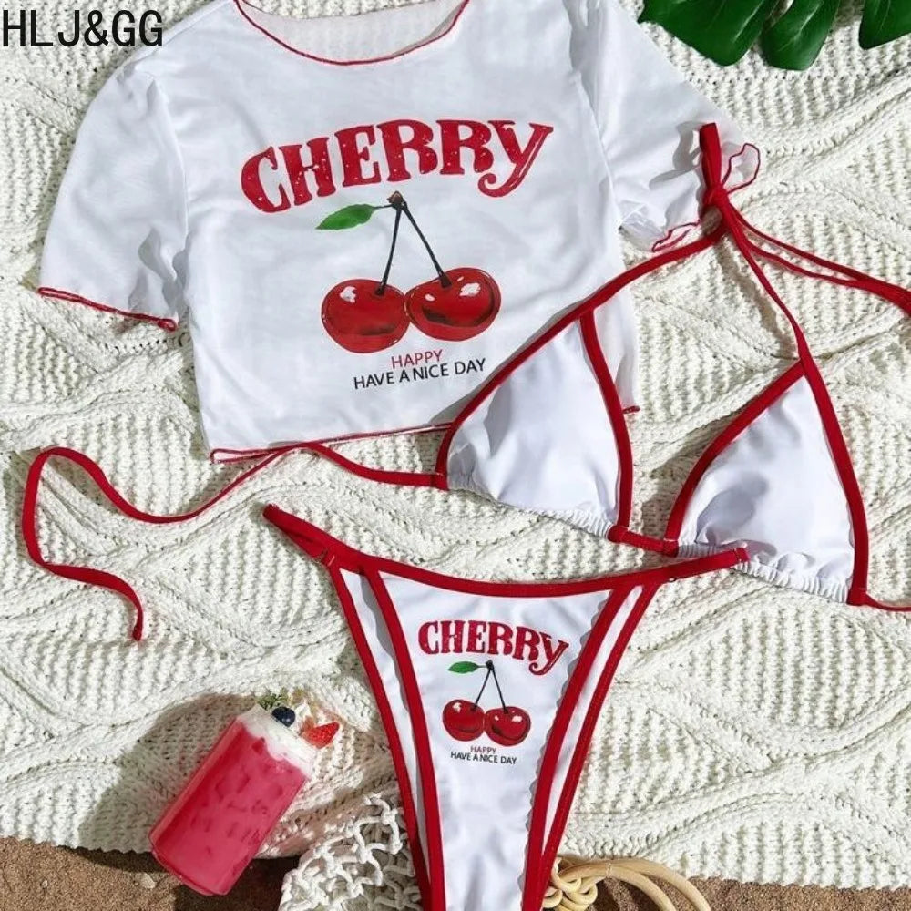 HLJ&GG Sexy Cherry Printed See Though 3 Piece Bikini Swimsuit Women Round Neck Short Sleeve Top Outfit Summer New 3pcs Beachwear
