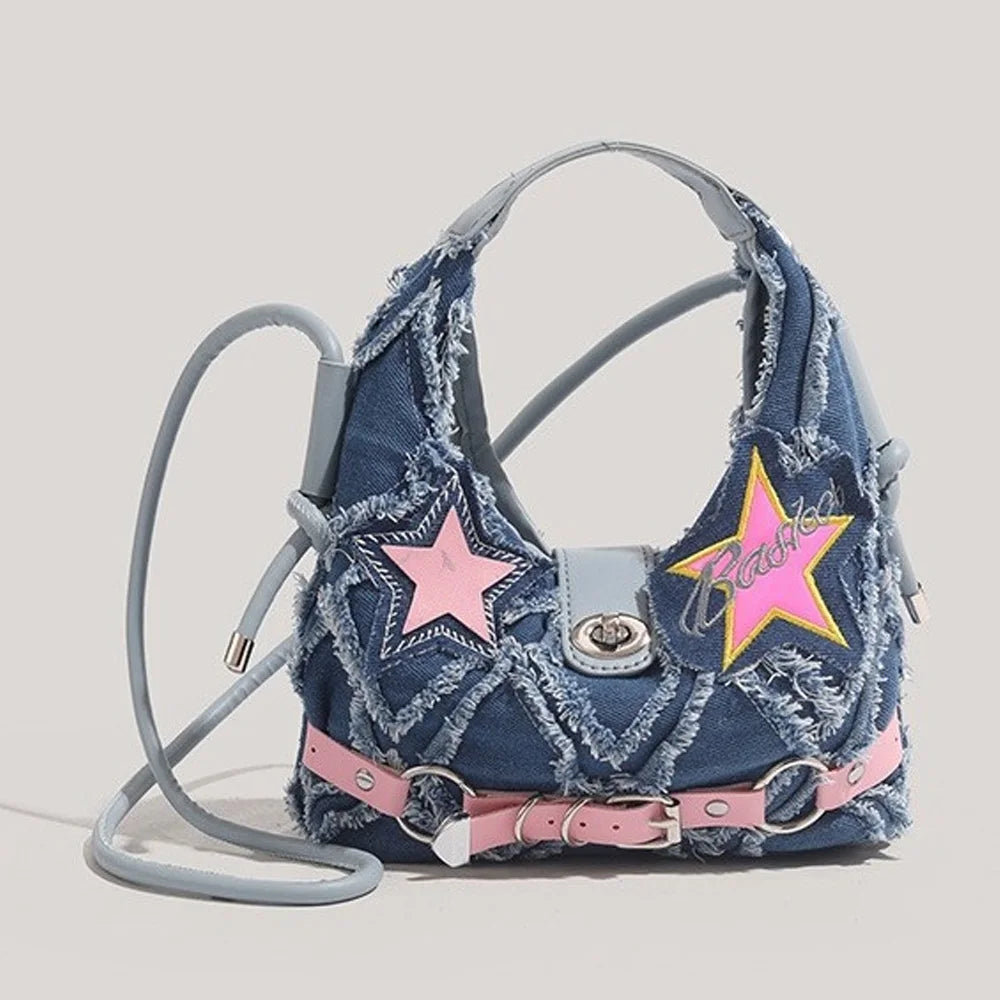 y2k Hot Girl style pink five-pointed star applied-designed fringed jeans crossbody bag A-DH