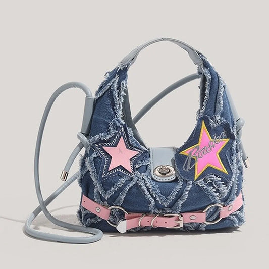 y2k Hot Girl style pink five-pointed star applied-designed fringed jeans crossbody bag A-DH