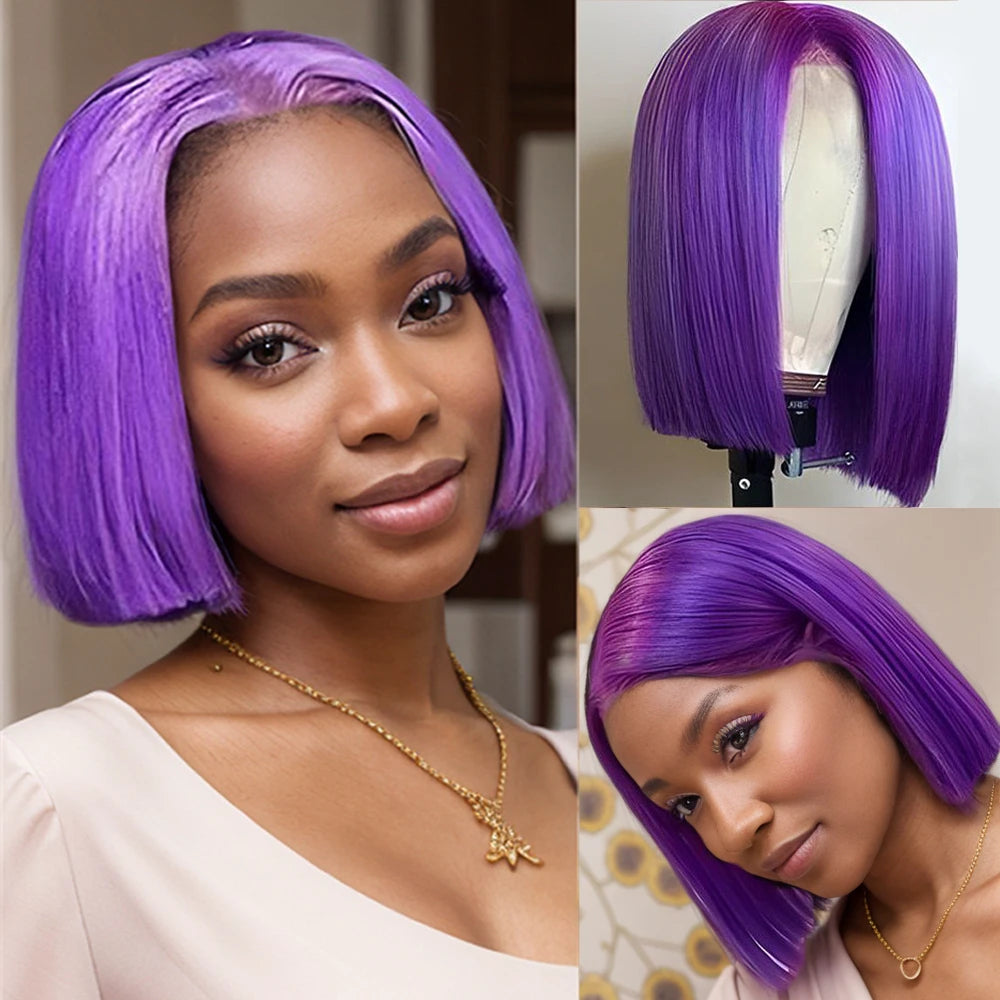 Short Bob Wig 180% Dark Purple Lace Front Human Hair Wigs For Women 13x4 Lace Frontal Wig Colored Straight Bob Lace Front Wigs