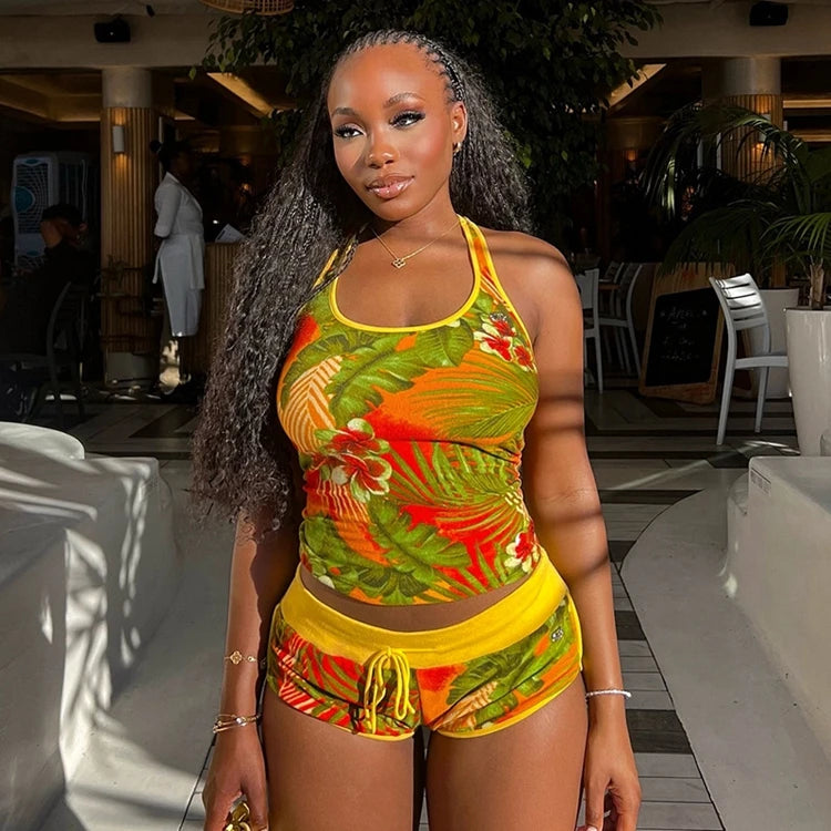 STYLISH LADY Comtrast Color Printed 2 Piece Set Women Halter Backless Crop Top and Drawstring Shorts Suits 2025 Street Outfits